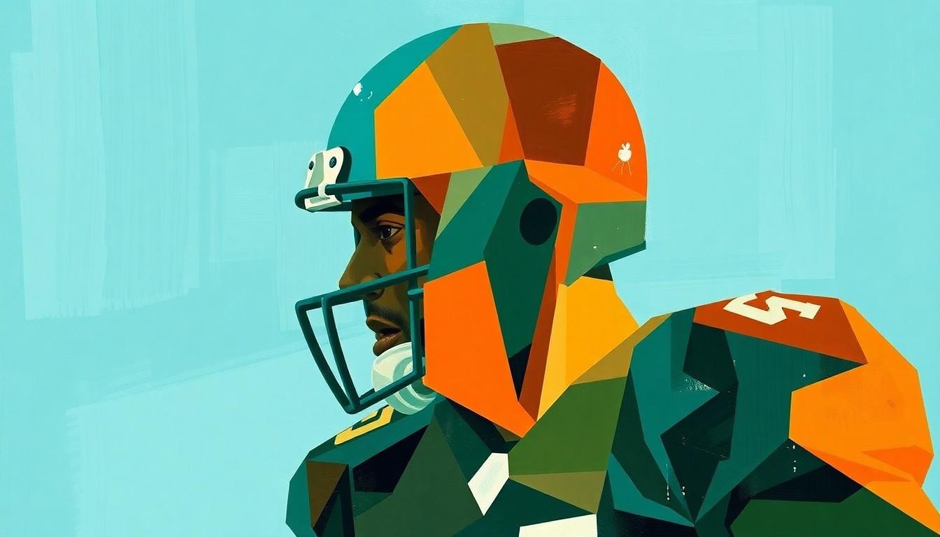 A fragmented, cubist-style painting depicting the silhouette of a football player broken down into sharp, overlapping geometric shapes in a palette of aqua, orange, and green, conceptually representing the complexities behind a star player