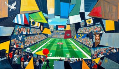 A cubist, geometric painting depicting fragmented scenes of football players and NFL draft prospects, conveying the complex and multifaceted nature of the Bengals