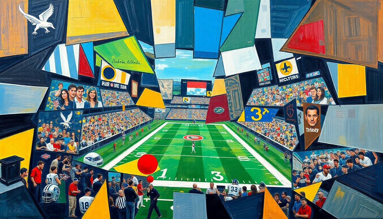 A cubist, geometric painting depicting fragmented scenes of football players and NFL draft prospects, conveying the complex and multifaceted nature of the Bengals
