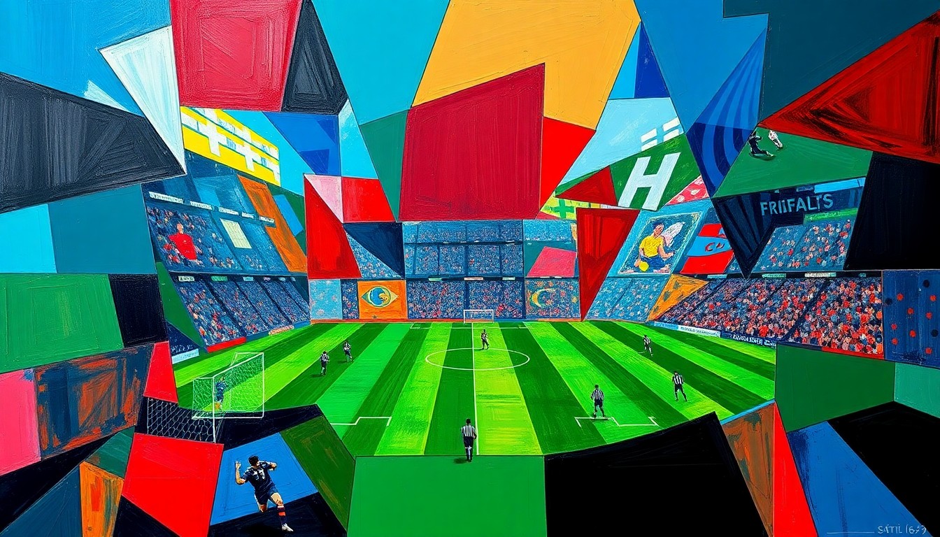 A cubist, geometric painting depicting a fragmented American football game, with sharp planes of color and overlapping perspectives conveying the disruptive nature of the NFL