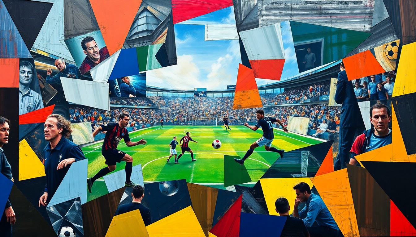 A cubist, geometric painting depicting a football game or match, with players and the field of play broken down into sharp, overlapping shapes and forms, capturing the energy and intensity of the sport.