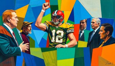 A cubist, geometric painting depicting a football player being celebrated by a team