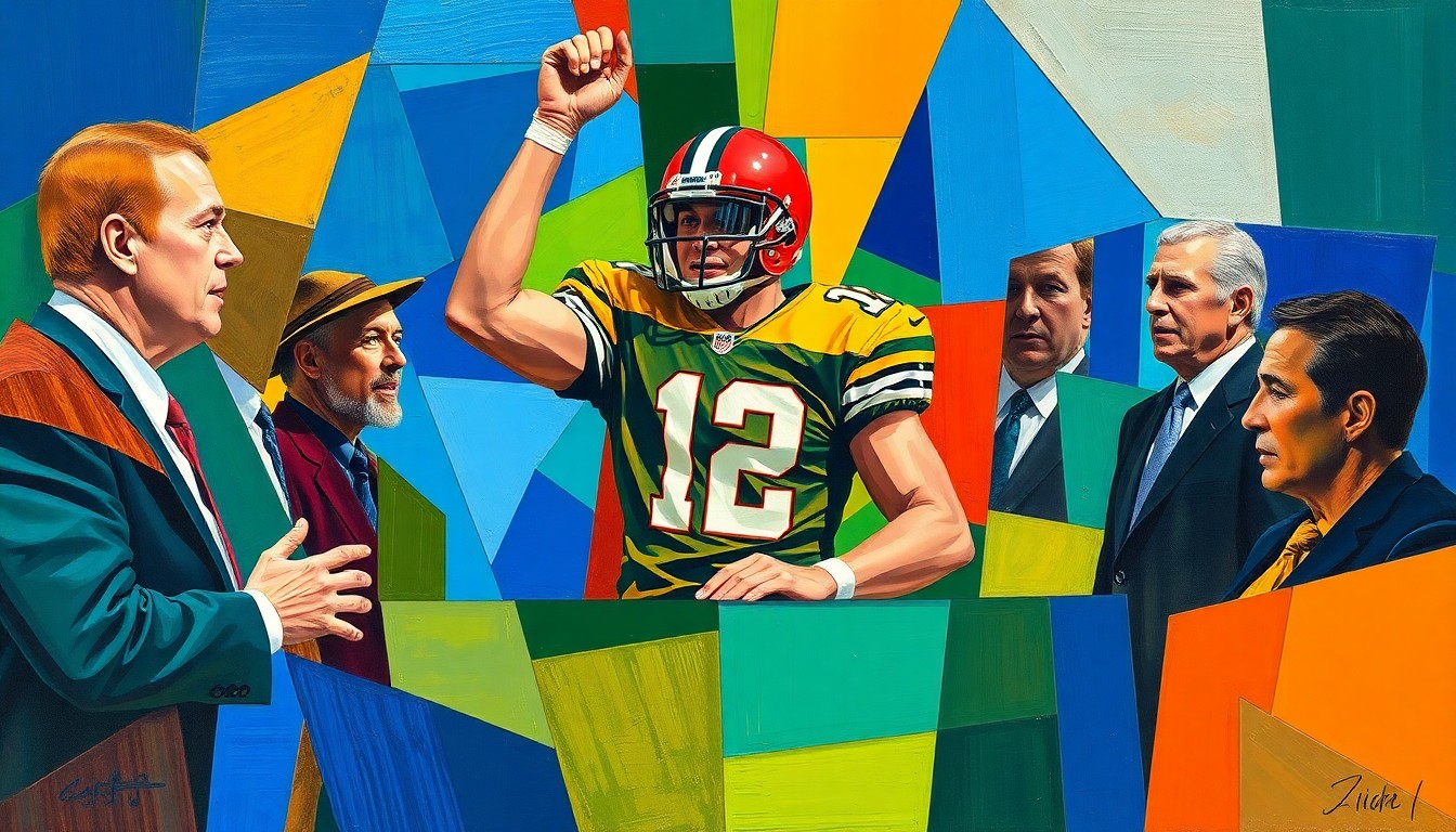 A cubist, geometric painting depicting a football player being celebrated by a team