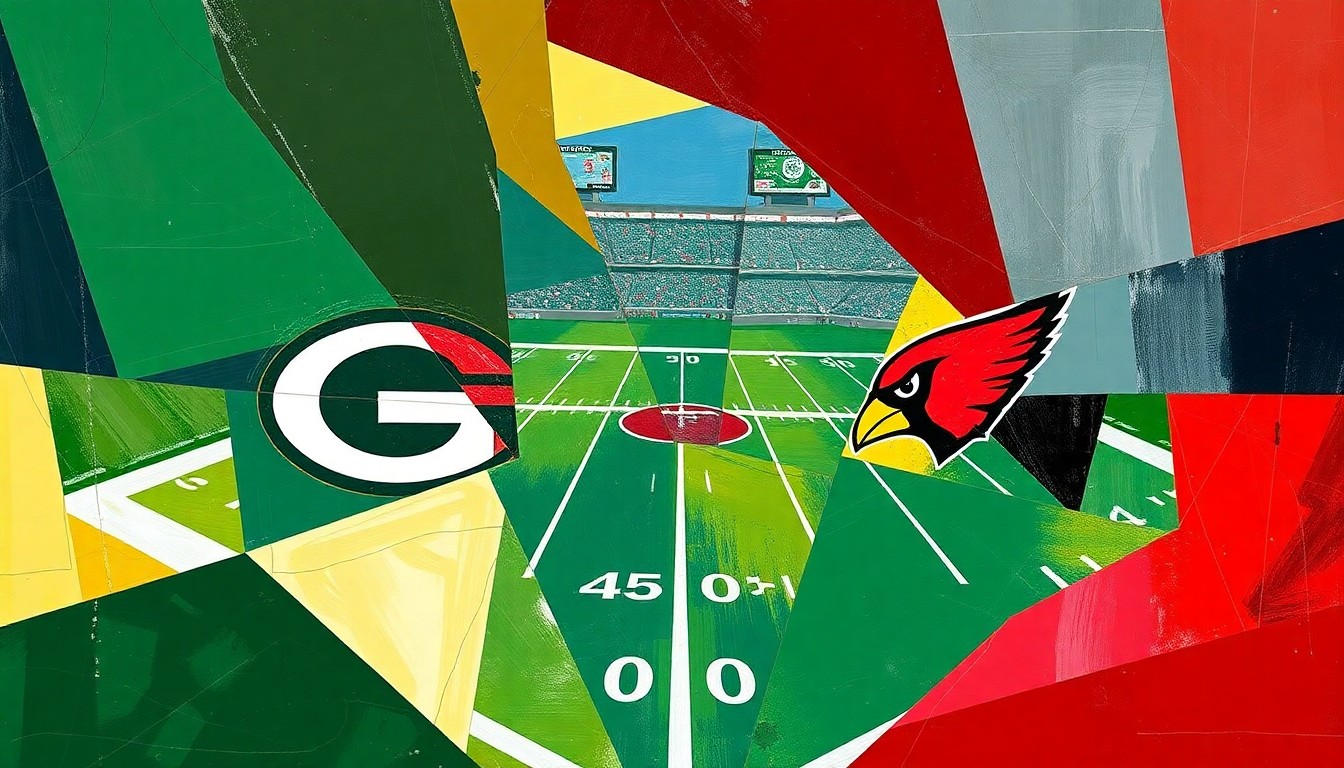 A fragmented, geometric painting depicting a football game or match, with sharp, overlapping planes of color and form representing the strategic maneuvering and intensity of the competition.