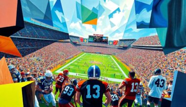 A cubist, geometric painting depicting a high school football game at an NFL stadium, with the field, players, and stadium architecture broken down into sharp, overlapping planes of color and shape, capturing the sense of uncertainty and loss surrounding the potential end of this cherished tradition.