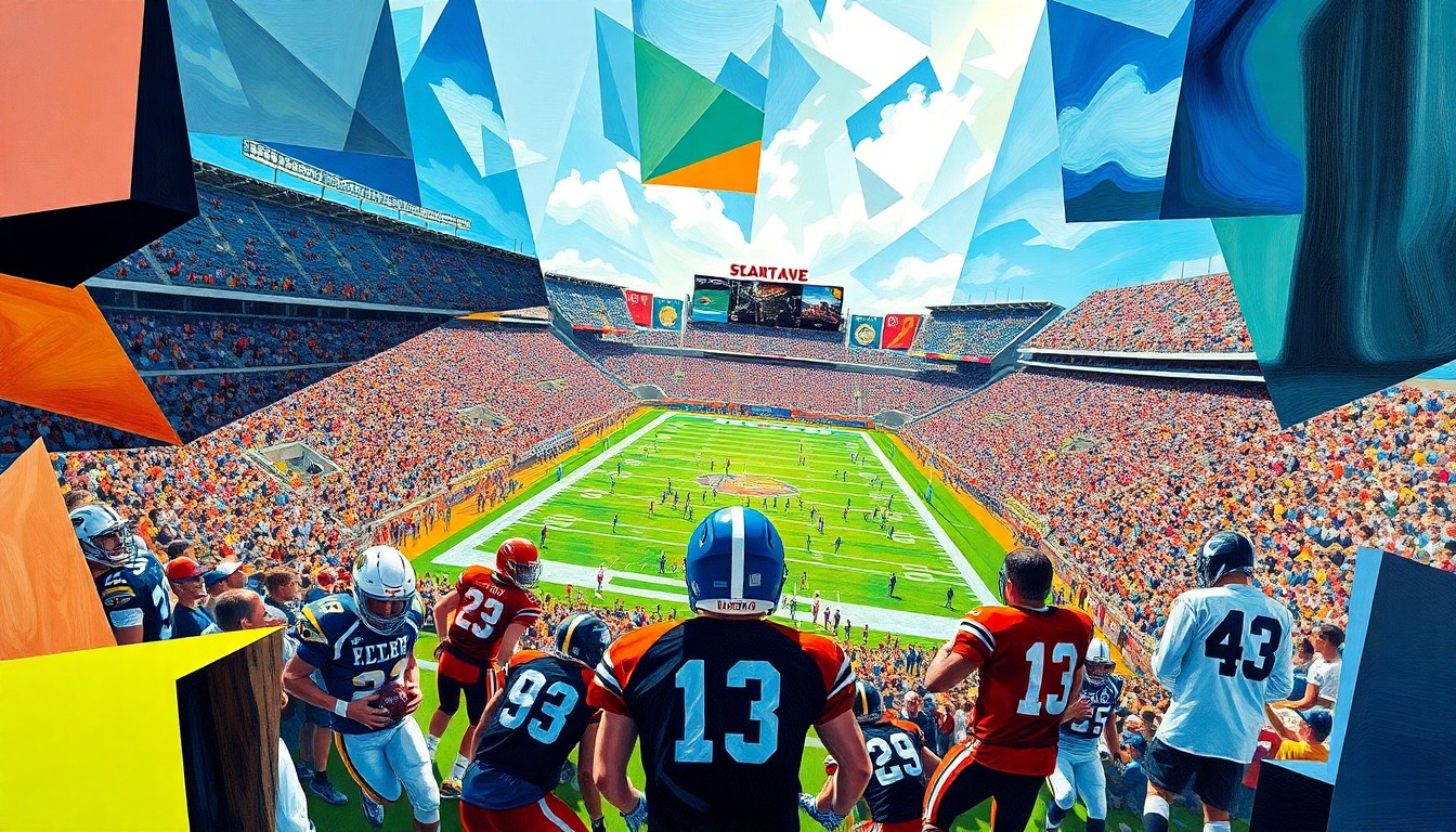 A cubist, geometric painting depicting a high school football game at an NFL stadium, with the field, players, and stadium architecture broken down into sharp, overlapping planes of color and shape, capturing the sense of uncertainty and loss surrounding the potential end of this cherished tradition.