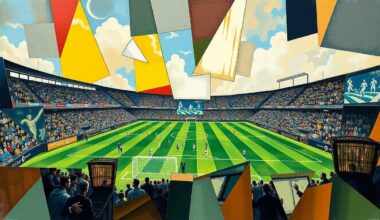 A fragmented, geometric painting depicting a football player making a catch, with sharp lines and planes representing the dynamic action of the sport.