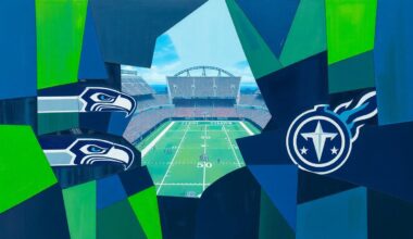 A fractured, geometric painting depicting a football game in motion, with players and the field broken down into sharp, overlapping planes of navy, green, and gray, conveying the tactical intricacies of the Seahawks-Titans matchup.