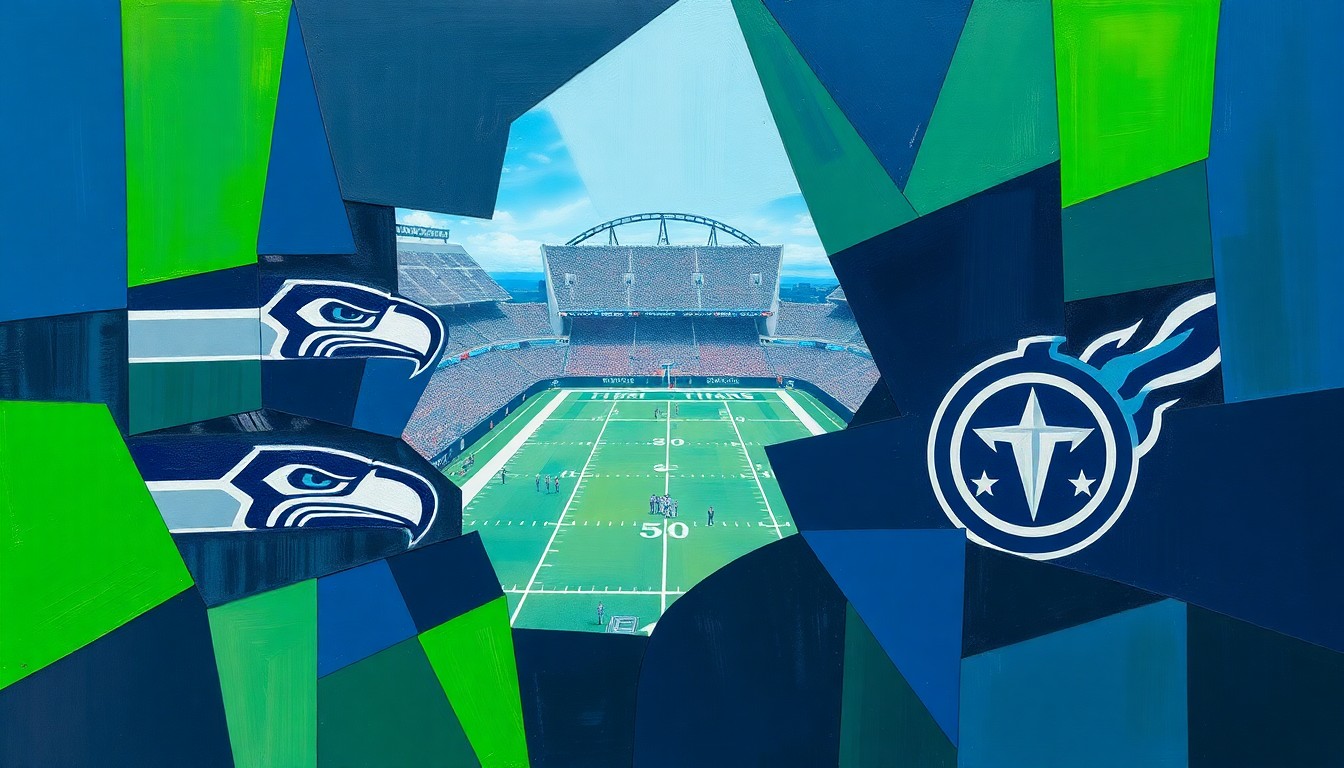 A fractured, geometric painting depicting a football game in motion, with players and the field broken down into sharp, overlapping planes of navy, green, and gray, conveying the tactical intricacies of the Seahawks-Titans matchup.