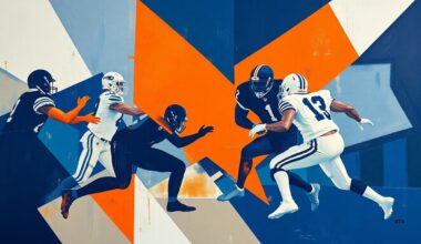 A fractured, cubist-style painting depicting a football play with players and the ball broken down into sharp, overlapping geometric shapes in navy, orange, and white, conveying the strategic complexity and intensity of the sport.