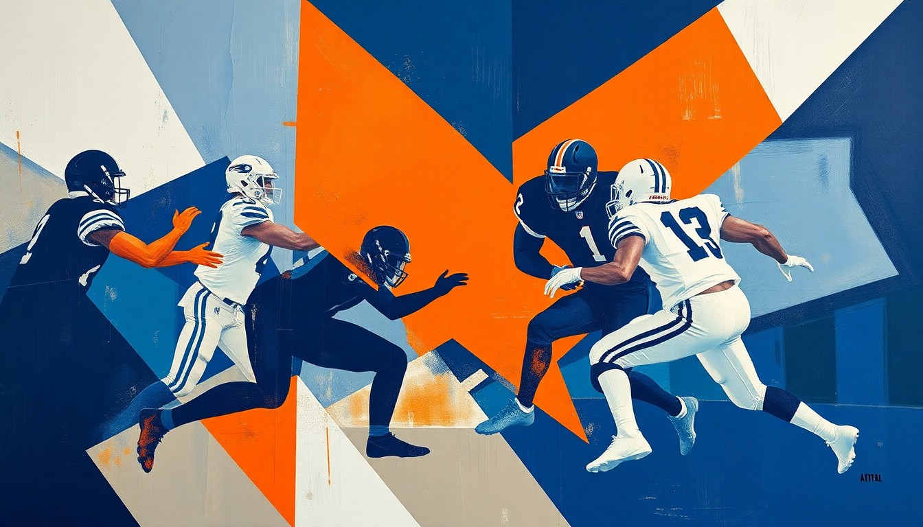 A fractured, cubist-style painting depicting a football play with players and the ball broken down into sharp, overlapping geometric shapes in navy, orange, and white, conveying the strategic complexity and intensity of the sport.