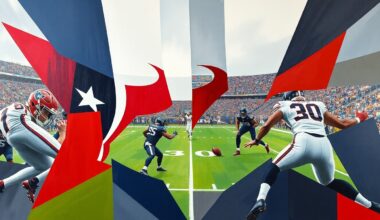 A fractured, multi-perspective painting in the style of Pablo Picasso, breaking down a football game into sharp, overlapping geometric planes of deep blue, battle red, and steel gray, representing the Texans