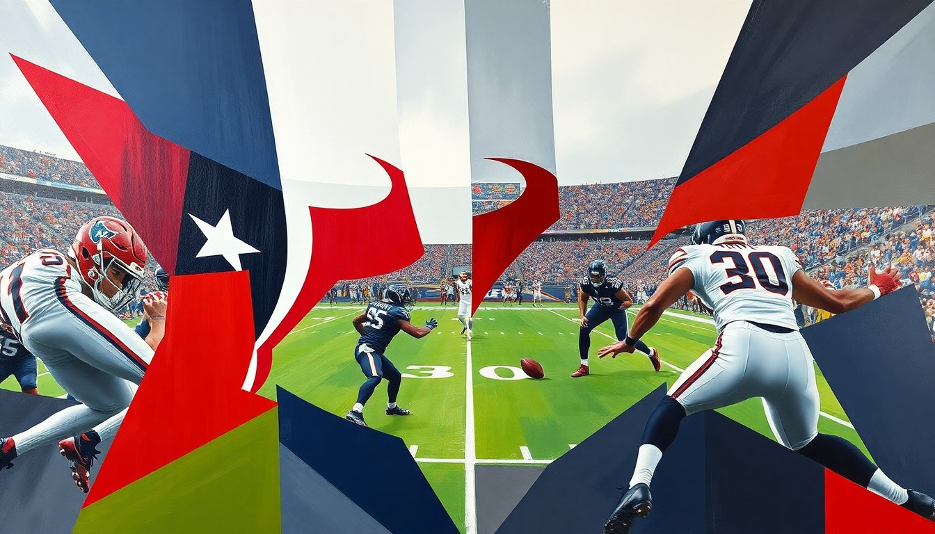 A fractured, multi-perspective painting in the style of Pablo Picasso, breaking down a football game into sharp, overlapping geometric planes of deep blue, battle red, and steel gray, representing the Texans