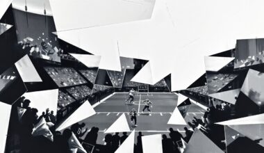 A cubist, geometric illustration depicting fragmented, overlapping shapes and planes representing various elements of a football game or match, conveying the strategic and tactical nature of the Steelers