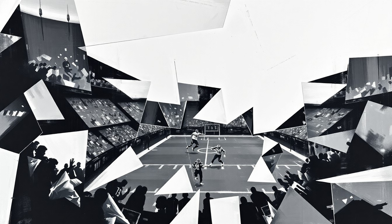 A cubist, geometric illustration depicting fragmented, overlapping shapes and planes representing various elements of a football game or match, conveying the strategic and tactical nature of the Steelers