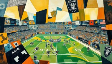 A cubist, geometric painting depicting a fragmented and deconstructed Raiders football game, with sharp, overlapping planes of color and form representing the team