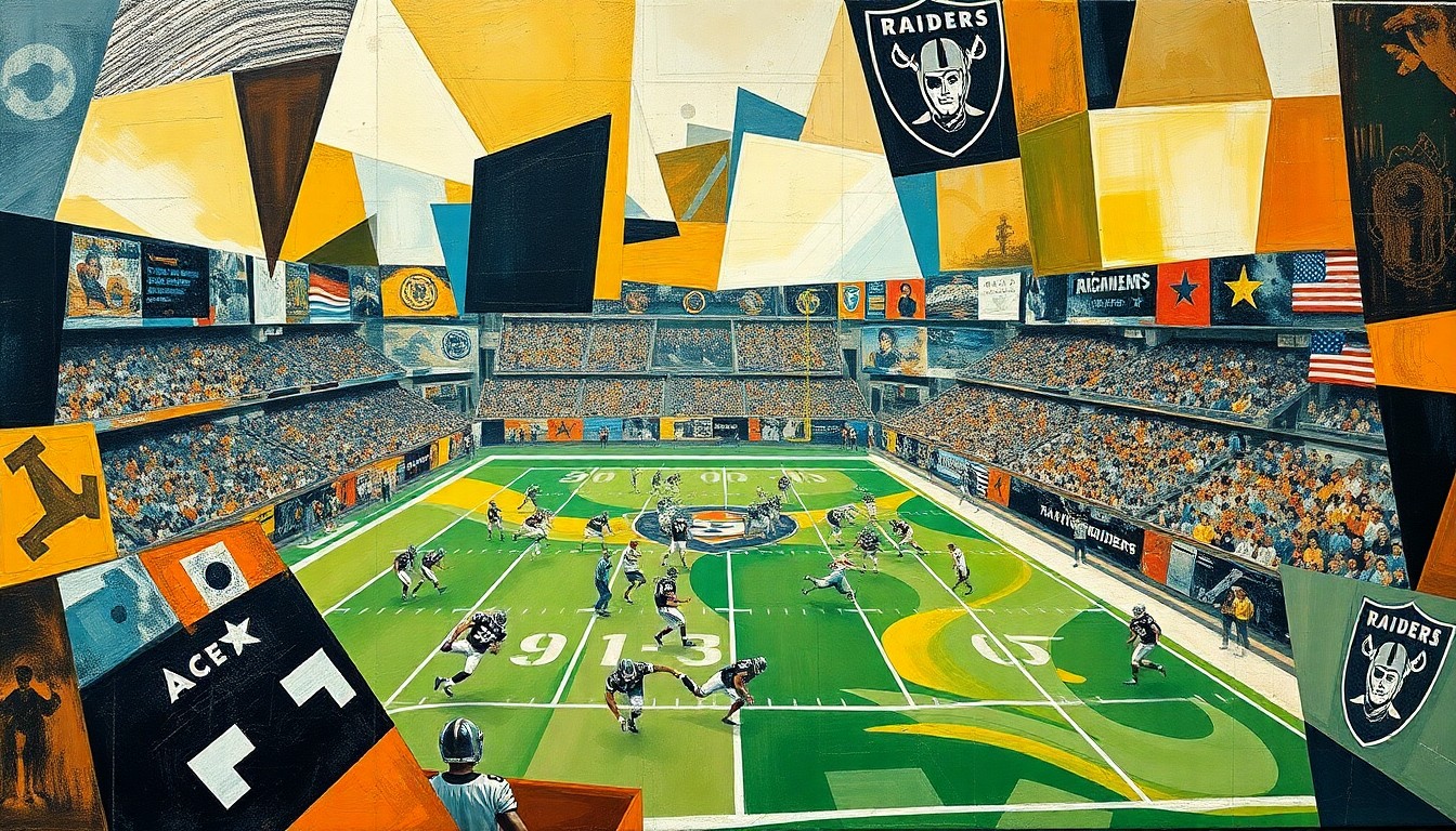 A cubist, geometric painting depicting a fragmented and deconstructed Raiders football game, with sharp, overlapping planes of color and form representing the team
