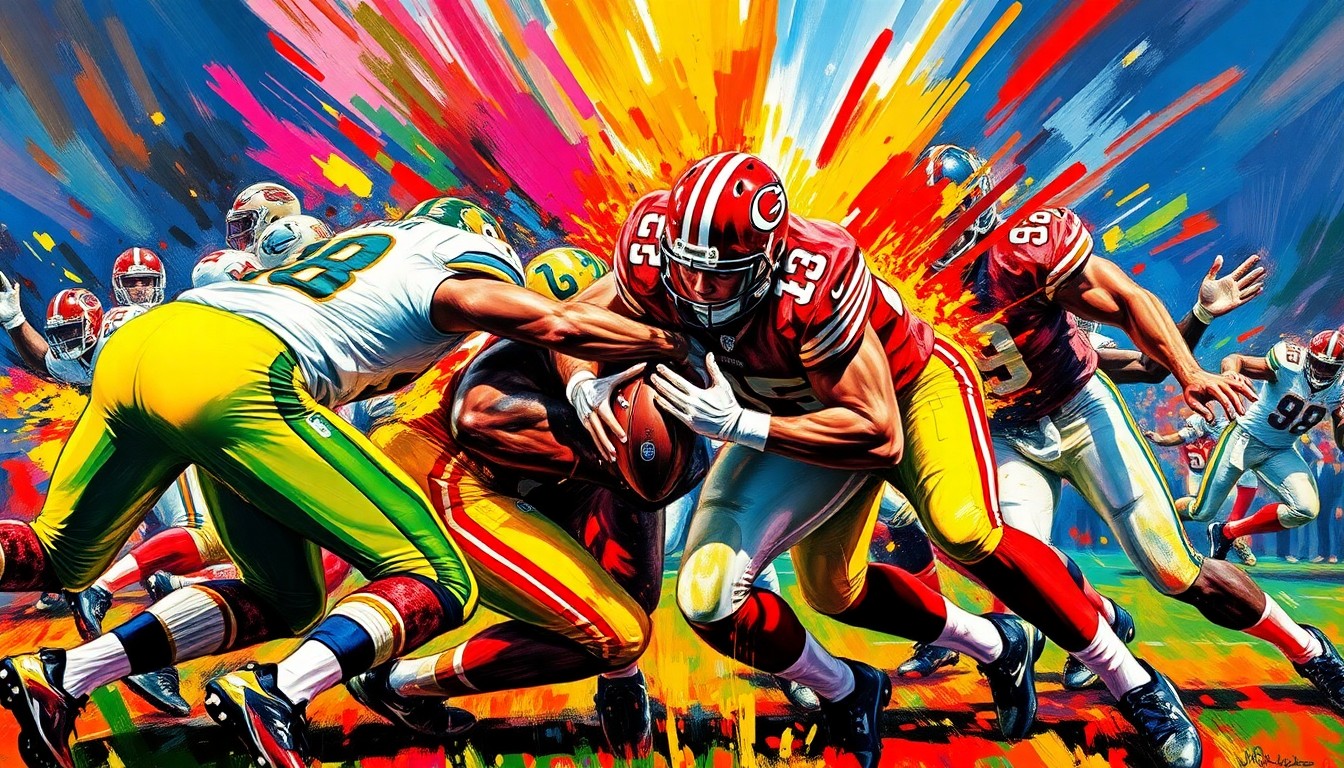 An abstract, energetic painting in vibrant neon colors, depicting the physical collision and movement of football players engaged in a fierce battle on the line of scrimmage.