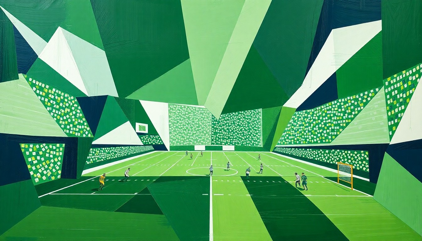 A cubist, geometric painting depicting a fragmented football game, with sharp planes of green, white, and navy blue representing the action on the field.
