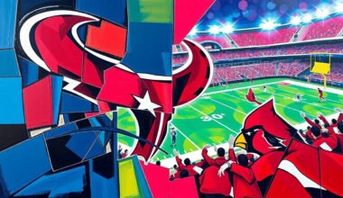 A cubist, geometric painting depicting a football game between the Houston Texans and Arizona Cardinals, with the players and field broken down into sharp, overlapping planes of color and shape, capturing the dynamic energy of the matchup.
