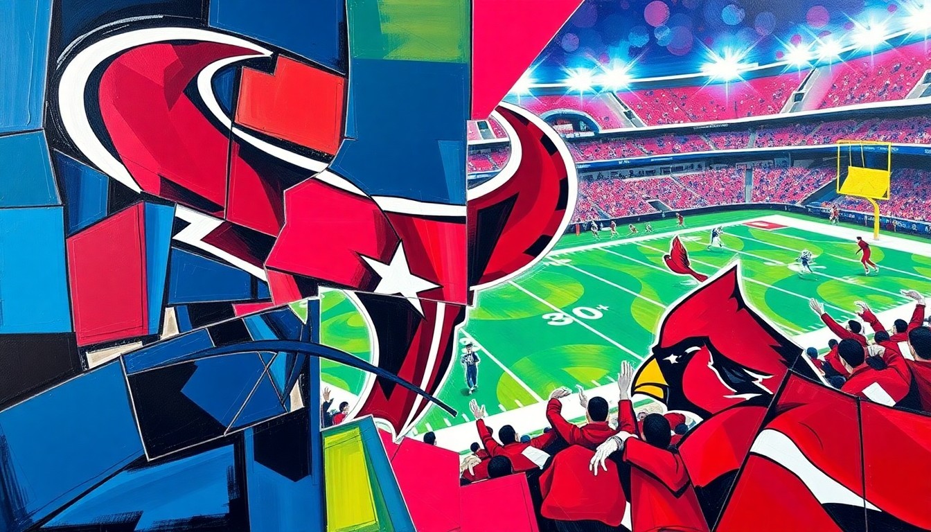 A cubist, geometric painting depicting a football game between the Houston Texans and Arizona Cardinals, with the players and field broken down into sharp, overlapping planes of color and shape, capturing the dynamic energy of the matchup.