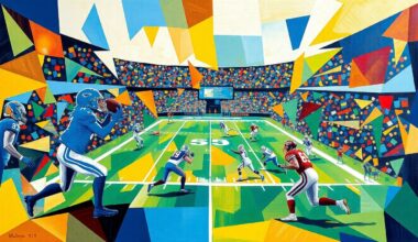 A cubist, geometric painting depicting a Detroit Lions football game, with the players and field abstracted into sharp, overlapping shapes in vibrant colors, capturing the intensity and dynamism of the sport.