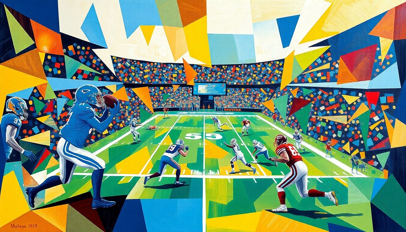 A cubist, geometric painting depicting a Detroit Lions football game, with the players and field abstracted into sharp, overlapping shapes in vibrant colors, capturing the intensity and dynamism of the sport.