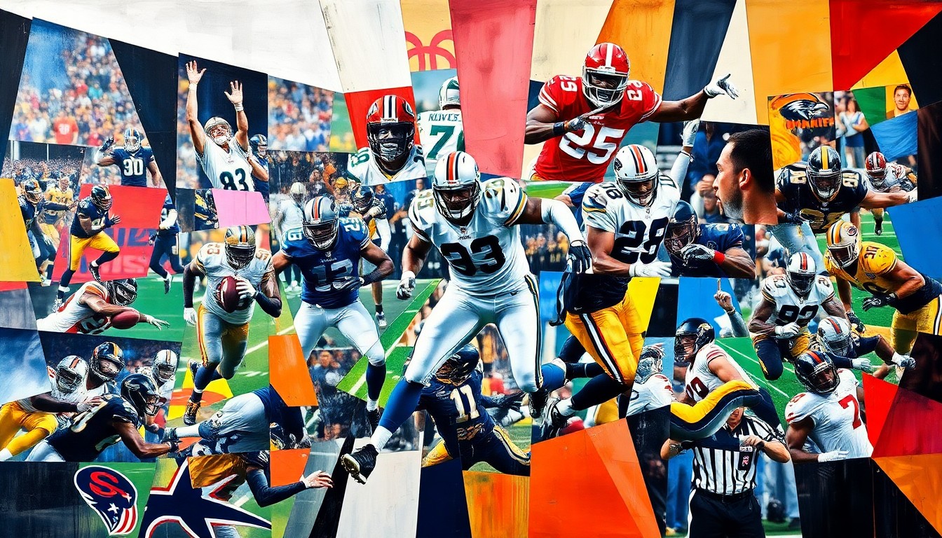 A cubist-style painting depicting fragmented and overlapping geometric shapes representing NFL players, teams, and game action, conveying the strategic shifts in the league