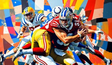 A fractured, cubist-style painting depicting the explosive energy of a football sack, with sharp geometric planes in red, gold, blue, and white representing the uniforms of the 49ers and Colts players involved.