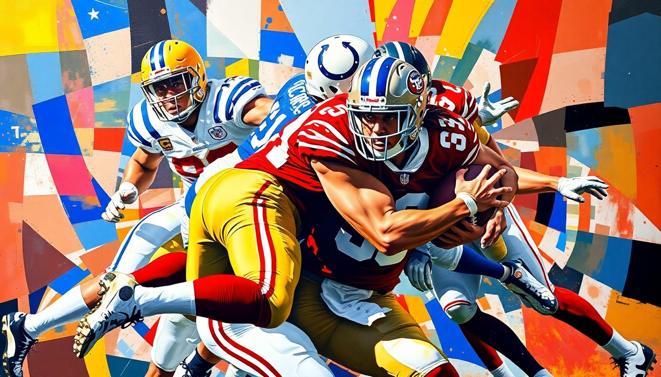 A fractured, cubist-style painting depicting the explosive energy of a football sack, with sharp geometric planes in red, gold, blue, and white representing the uniforms of the 49ers and Colts players involved.