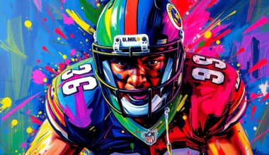 An abstract, expressionist painting in vibrant neon colors, depicting the powerful movements and energy of an NFL edge defender, with the player