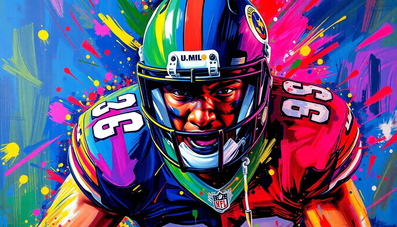 An abstract, expressionist painting in vibrant neon colors, depicting the powerful movements and energy of an NFL edge defender, with the player