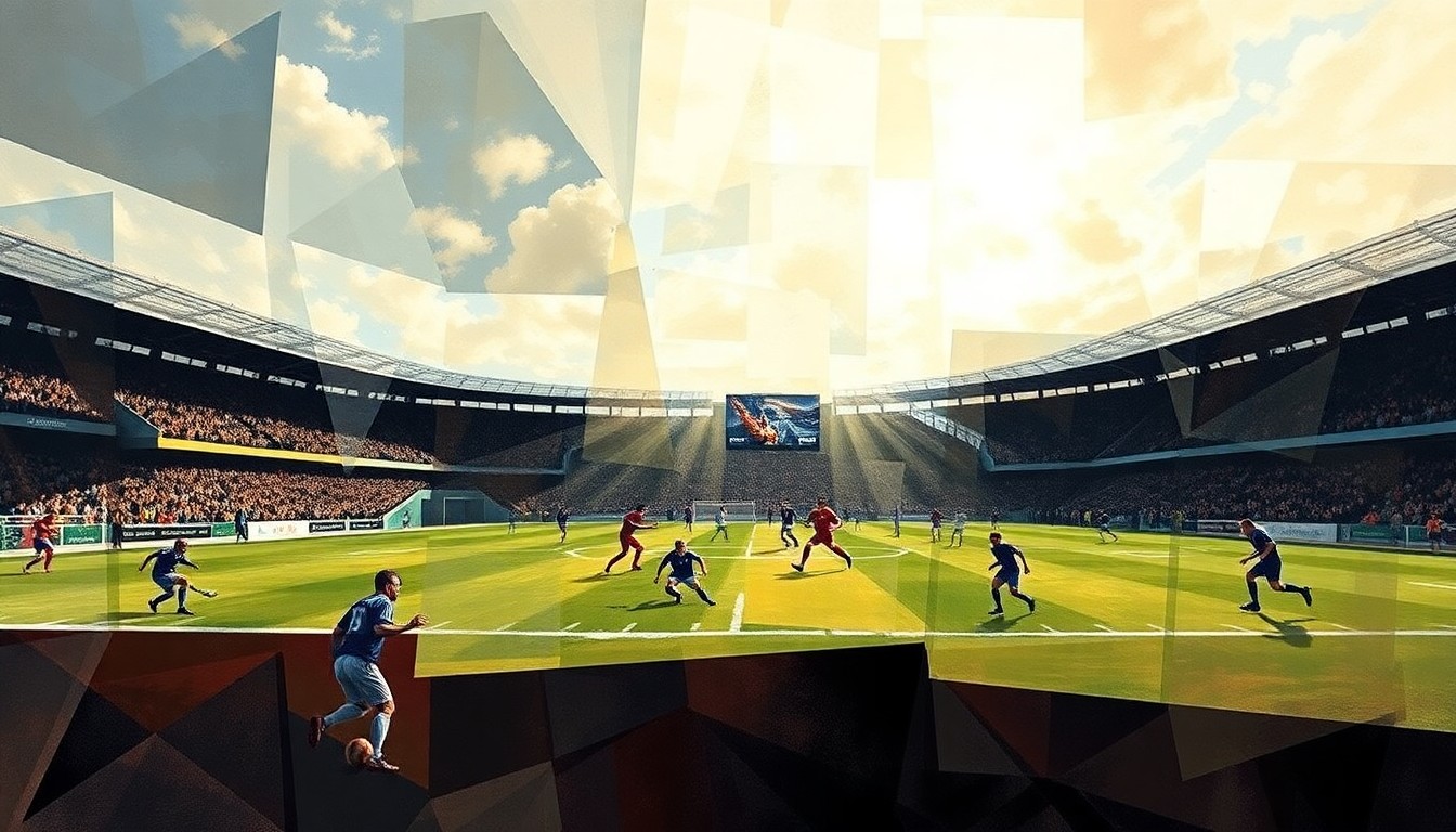 A fragmented, geometric painting depicting a football game or match, with players and the field reduced to abstract shapes and angles in a cubist style.