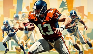 A fragmented, geometric painting depicting a football player in the midst of a pass rush, with sharp, overlapping planes of color and form capturing the dynamic energy of the play.