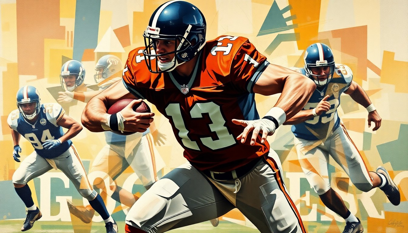 A fragmented, geometric painting depicting a football player in the midst of a pass rush, with sharp, overlapping planes of color and form capturing the dynamic energy of the play.