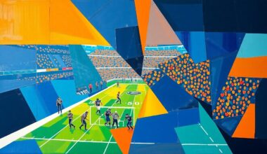 A cubist, geometric painting depicting fragmented and overlapping shapes in shades of blue, aqua, and orange, representing the complex and multi-faceted nature of the Dolphins