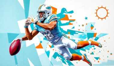 A fragmented, geometric painting depicting a Miami Dolphins player making a catch, with sharp planes of aqua blue, orange, and white representing the team