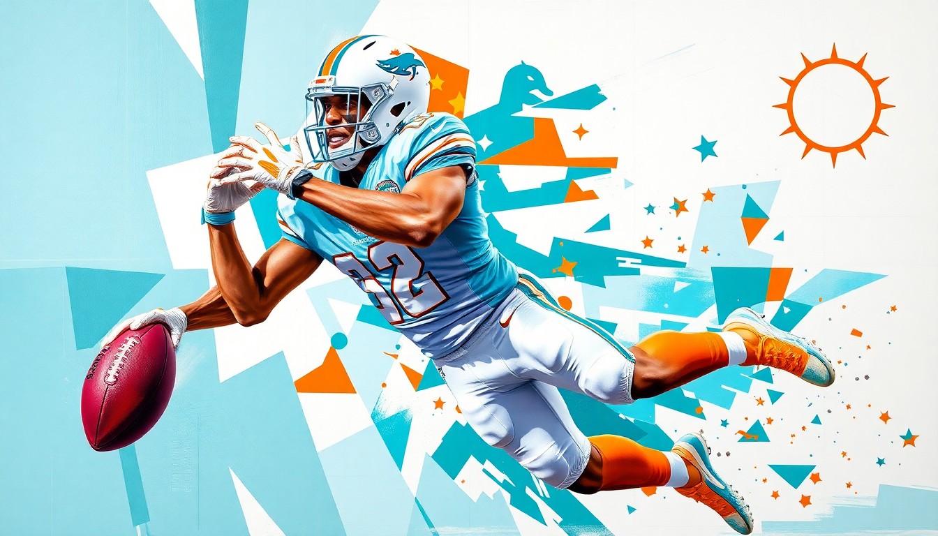A fragmented, geometric painting depicting a Miami Dolphins player making a catch, with sharp planes of aqua blue, orange, and white representing the team