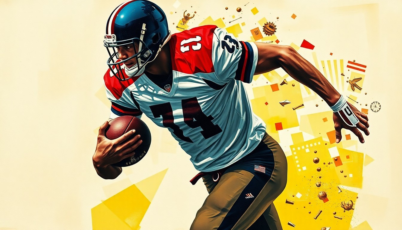 A fractured, geometric painting depicting a football player in mid-action, with sharp planes of color and form conveying the raw power and athleticism of the moment.