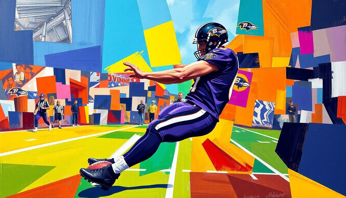 A cubist-style painting depicting a football punting action broken down into sharp, overlapping geometric shapes and planes in the Ravens