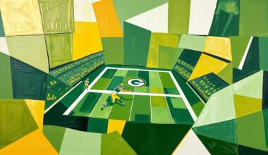 A cubist, geometric painting depicting a Packers football game, with sharp, overlapping planes of green, gold, and white, conceptually representing the tension between tradition and innovation in the NFL