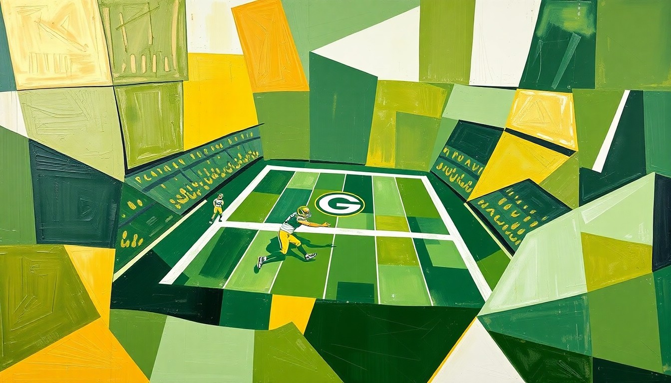 A cubist, geometric painting depicting a Packers football game, with sharp, overlapping planes of green, gold, and white, conceptually representing the tension between tradition and innovation in the NFL