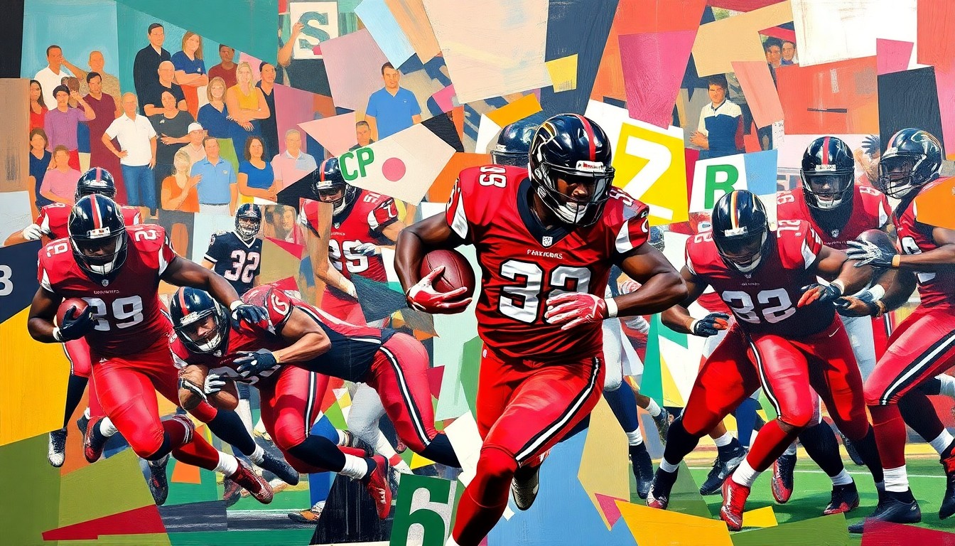 A cubist, geometric painting depicting a football player in motion, with sharp, overlapping planes of red, black, and white representing the dynamic action of the game.