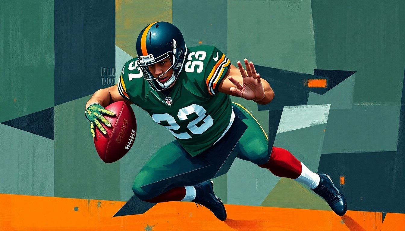 A cubist, geometric painting depicting a defensive tackle making a powerful tackle, with sharp, overlapping planes of dark green, navy blue, and burnt orange creating a fractured, multi-perspective view of the action.