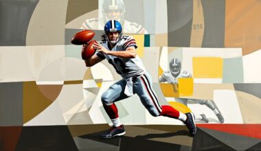 A fractured, multi-perspective painting depicting a quarterback