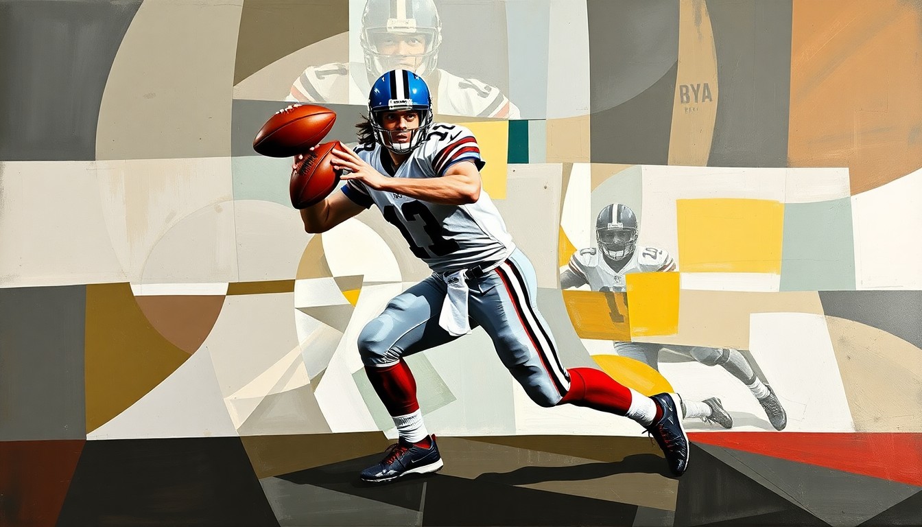 A fractured, multi-perspective painting depicting a quarterback