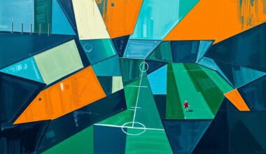 A cubist, geometric painting depicting a football game or match, with the players and field broken down into sharp, overlapping planes of navy blue, forest green, and burnt orange.
