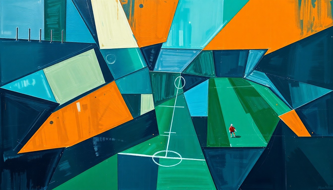 A cubist, geometric painting depicting a football game or match, with the players and field broken down into sharp, overlapping planes of navy blue, forest green, and burnt orange.
