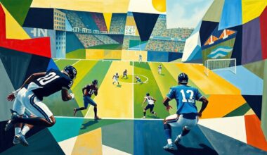 A fragmented, geometric painting in bold colors depicting a football game, with players and the field broken down into sharp, overlapping shapes that convey the intensity and strategy of the sport.