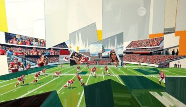 A cubist-style painting depicting a Kansas City Chiefs football game, with the players and field broken down into sharp, overlapping geometric shapes and planes in a vibrant color palette, capturing the dynamic energy of the sport.